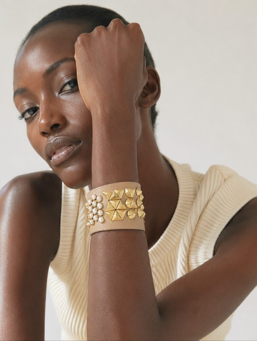 Rare Eddie Borgo x J.Crew Studded Pearl Genuine Leather Cuff Bracelet Beige Gold